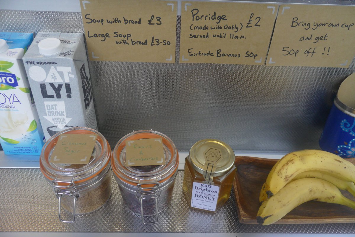 TheSoupDept's tweet photo. Now serving #porridge! £2 (or £1.50 if you bring your own cup/bowl). Vegan (made with Oatly). Served 8:30-11am with a choice of toppings. https://t.co/Bnff0hH4q8