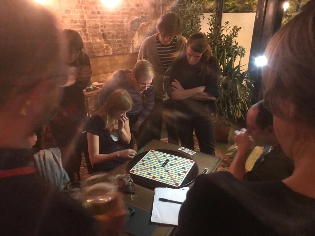 Awesome evening of #scrabble at <a href="/MachineNo3/">Machine No.3</a> last night. Here's a pic of the winner of the evening taking on my challenge...
