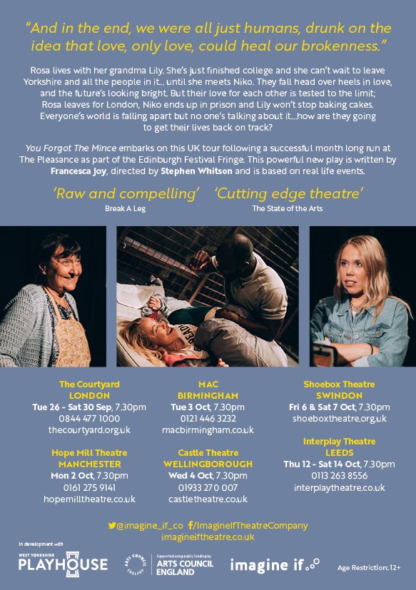 imagine_if_co's tweet photo. #YouForgotTheMince runs @shoeboxswindon Friday 6 & Saturday 7 October 🎭
⭐️⭐️⭐️⭐️⭐️ @NorthWestEnd
⭐️⭐️⭐️⭐️ @TheStage
⭐️⭐️⭐️⭐️ @westendwilma https://t.co/8beQe9ER6S