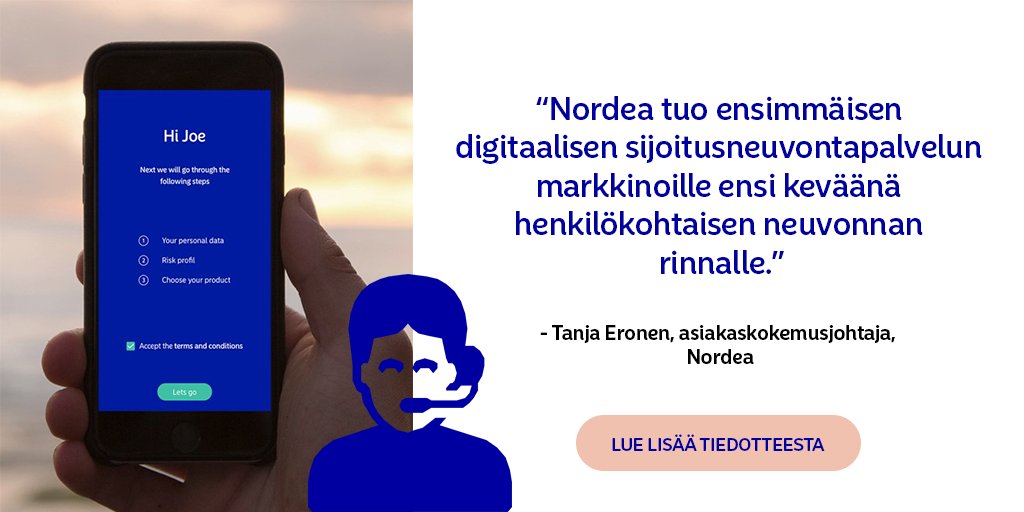 Nordea_FI's tweet photo. Nordea tuo ensimmäisen digitaalisen sijoitusneuvontapalvelun markkinoille henkilökohtaisen neuvonnan rinnalle: https://t.co/V3pPmIDeWy #digi https://t.co/HgR3QTMYZm