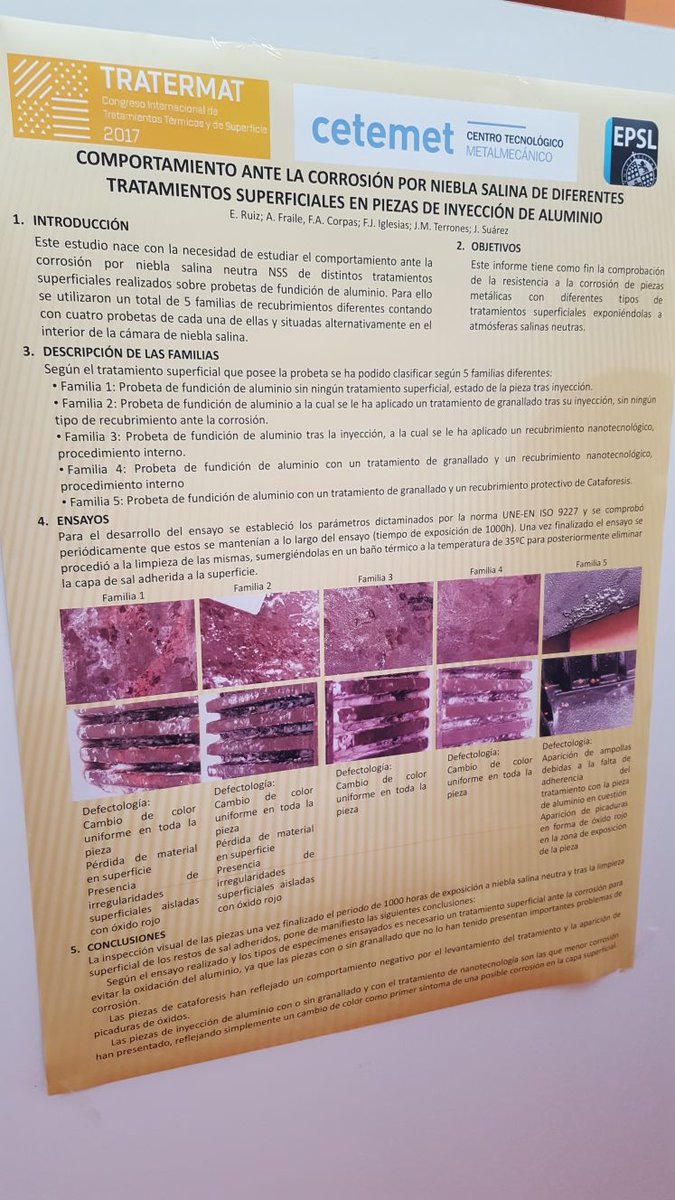 tratermat2017's tweet photo. Póster de @cetemet y la @EPSLinares en #Tratermat2017 sobre corrosión por niebla salina de tratamientos superficiales en piezas de inyección https://t.co/IM1DjYZcXH