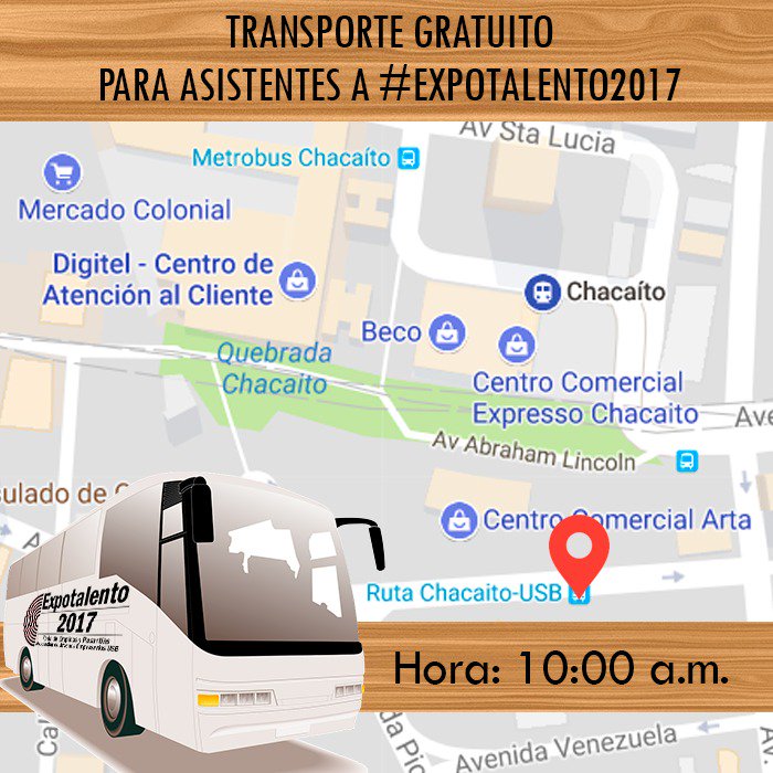 AJEUSB's tweet photo. ¡Buenos días! Los esperamos hoy en #Expotalento2017 recuerden transporte desde Chacaíto a la USB 10am retorno a ccs 3:30 pm https://t.co/s3yZWLPtrc