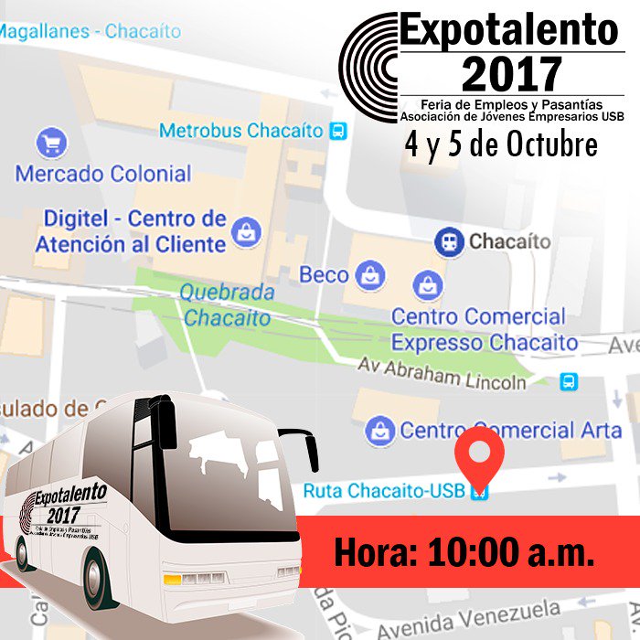 AJEUSB's tweet photo. ¡Buenos días! Los esperamos hoy en #Expotalento2017 recuerden transporte desde Chacaíto a la USB 10am retorno a ccs 3:30 pm https://t.co/KlxuwvRjZ2