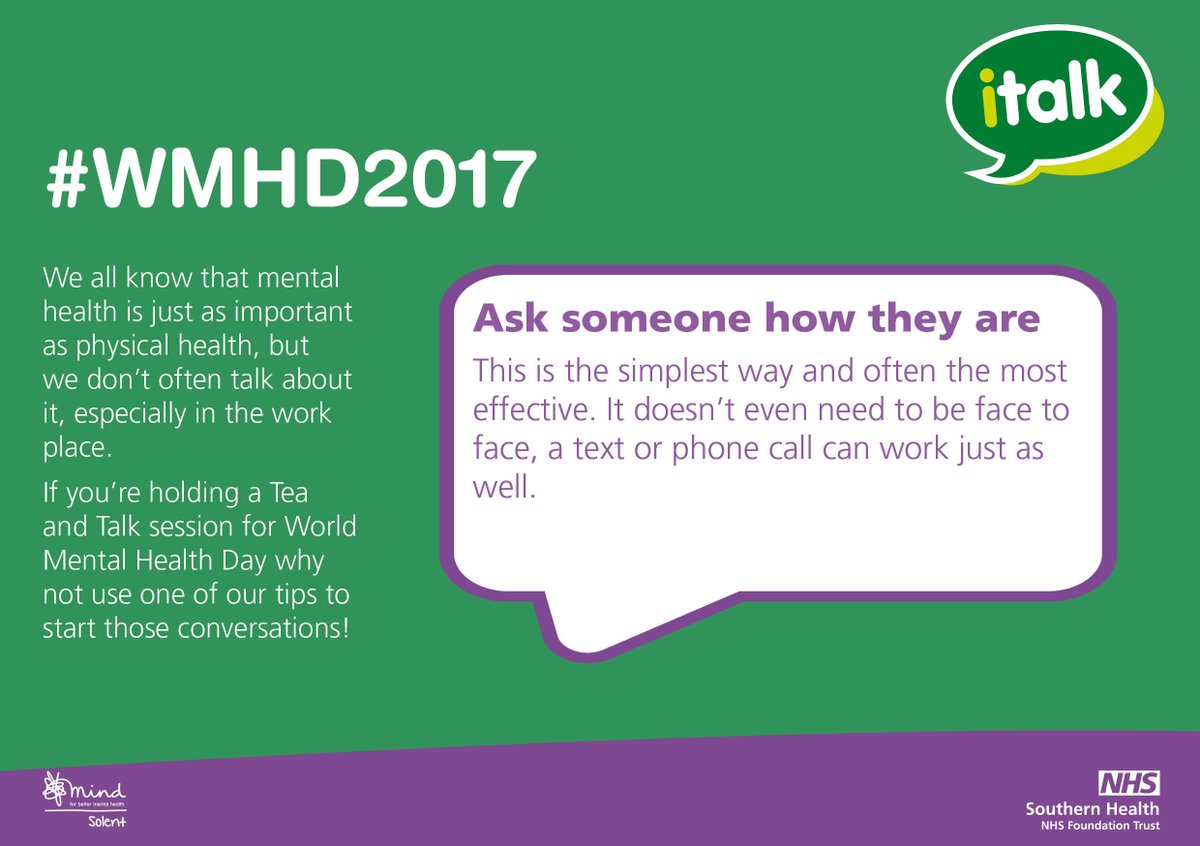 NHSTTHampshire's tweet image. Holding a #teaandtalk session for #WMHD2017 but don't know how to ask someone about their #mentalhealth ? We have some tips to help you!