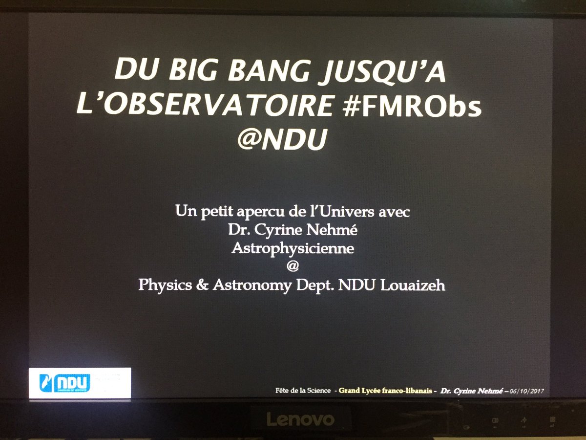 DrCyNehmeh's tweet photo. Du #bigbang à l'#observatoire #FMRObs @NDU_Louaize #DrCyrineNehmé conference at Grand Lycée Franco Libanais October 6th #DrC @astronomy https://t.co/HfVt450PiH
