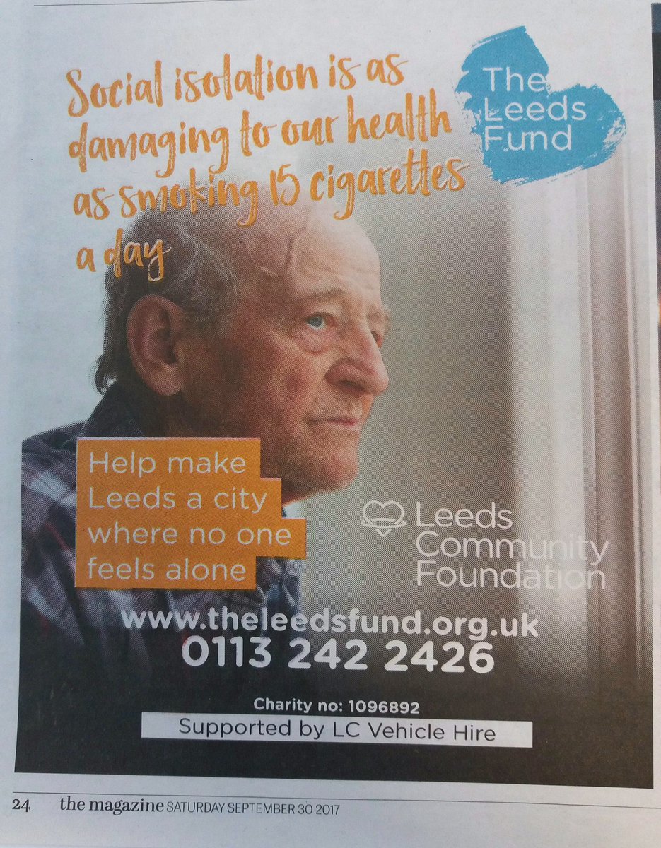 Social isolation as damaging to our health as 15 cigarettes a day. Our #LeedsFund campaign in <a href="/yorkshirepost/">The Yorkshire Post</a> supported by <a href="/LCVehicleHire/">LC Vehicle Hire</a>