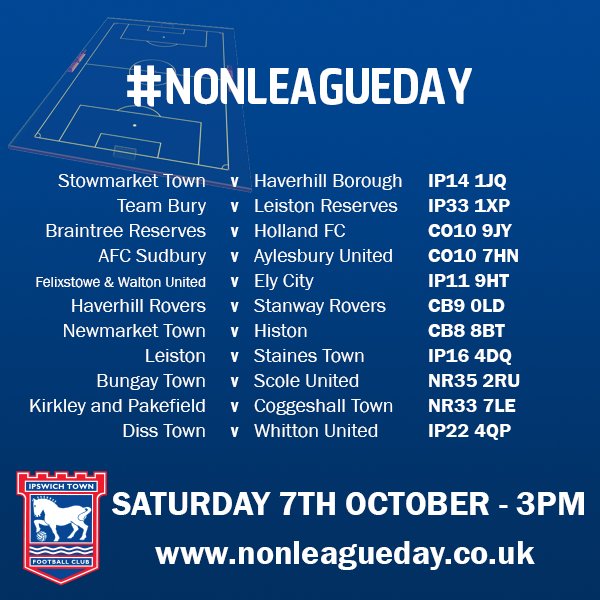 IpswichTown's tweet photo. At a loose end this Saturday with the international break?

Go and cheer on your local side for #NonLeagueDay! ⚽️ #itfc https://t.co/CD8CjyGIdB