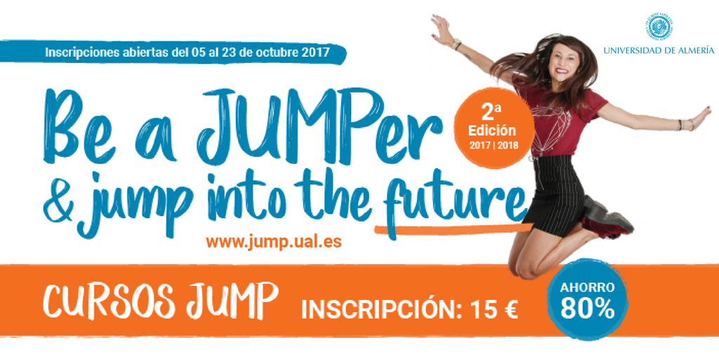 ualmeria's tweet photo. ¡Ya puedes inscribirte en los cursos del programa JUMP! Entra en https://t.co/zd79BHn3ka #beajumper #jumpintothefuture #jumpual https://t.co/QlFy70J6Iq