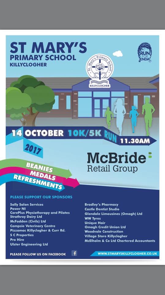 RunForEnda's tweet photo. St Mary's Primary school Killyclogher Omagh 5km &amp;10km runs next Saturday Oct 14th at 11.30. https://t.co/eaFlhZKOCc #RunForEnda Please RT https://t.co/hwIkvpupuR