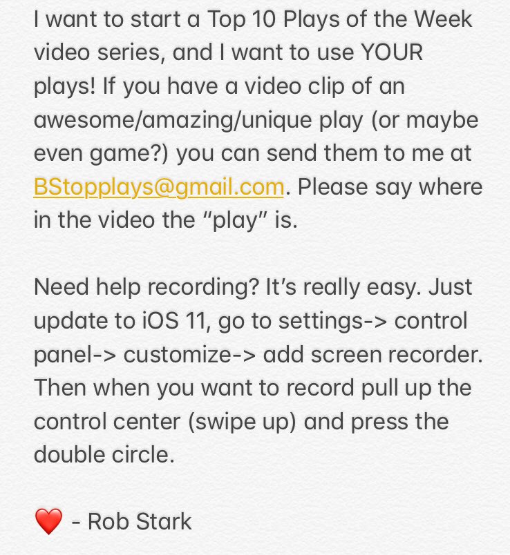 Coach Cory (@coachcoryyt) on Twitter photo Starting a new “Top 10 Plays of the Week” video series & I need YOUR plays! You can email them to BStopplays@gmail.com
Any RT appreciated😊🙏 Starting a new “Top 10 Plays of the Week” video series & I need YOUR plays! You can email them to BStopplays@gmail.com
Any RT appreciated😊🙏