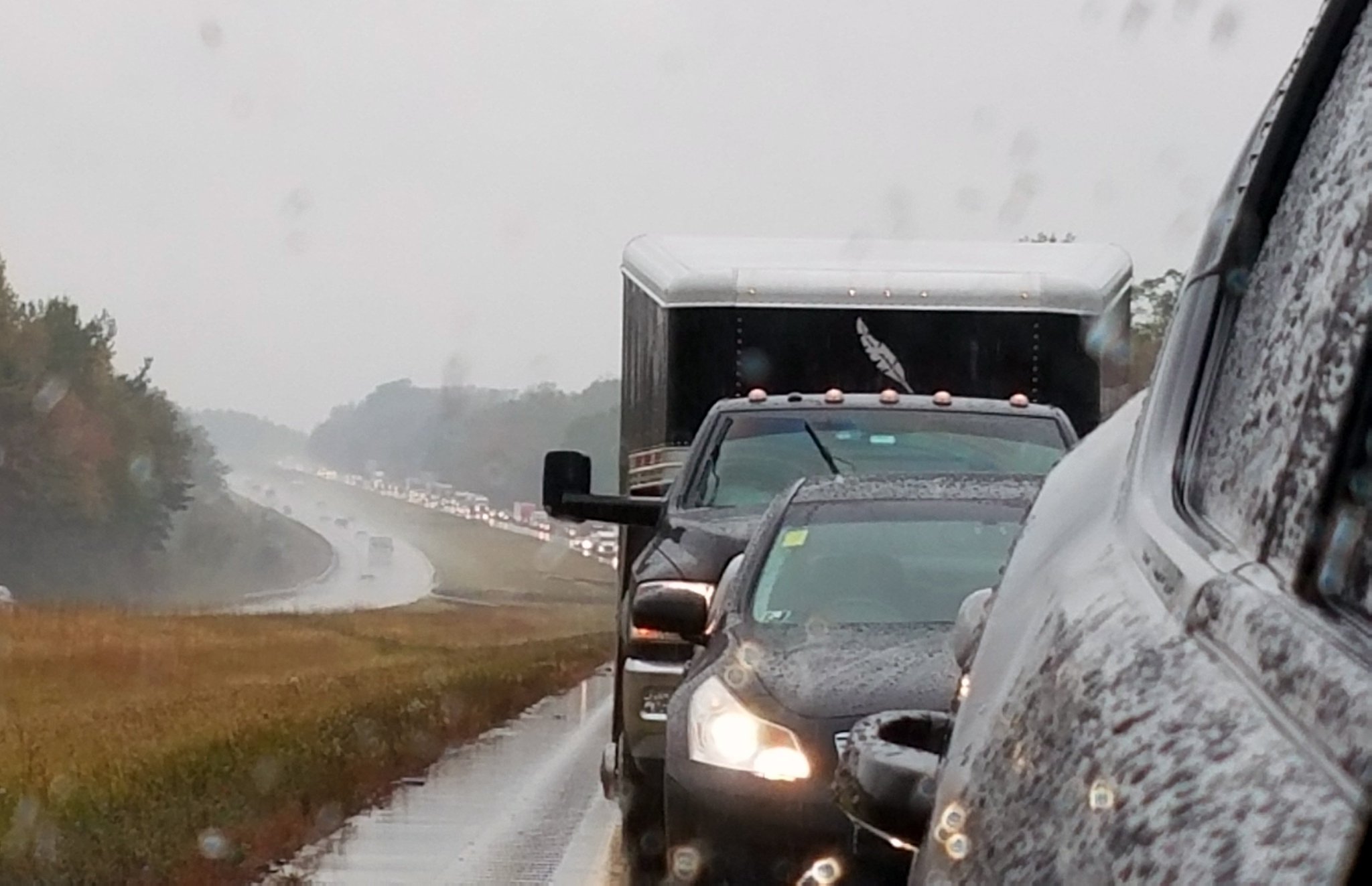 Traffic backed up on I-70 westbound outside of Zanesville near exit 160. A five-vehicle accident caused delays throughout the area between Zanesville and Cambridge. (Photo Credit: Brice Lillibridge). 