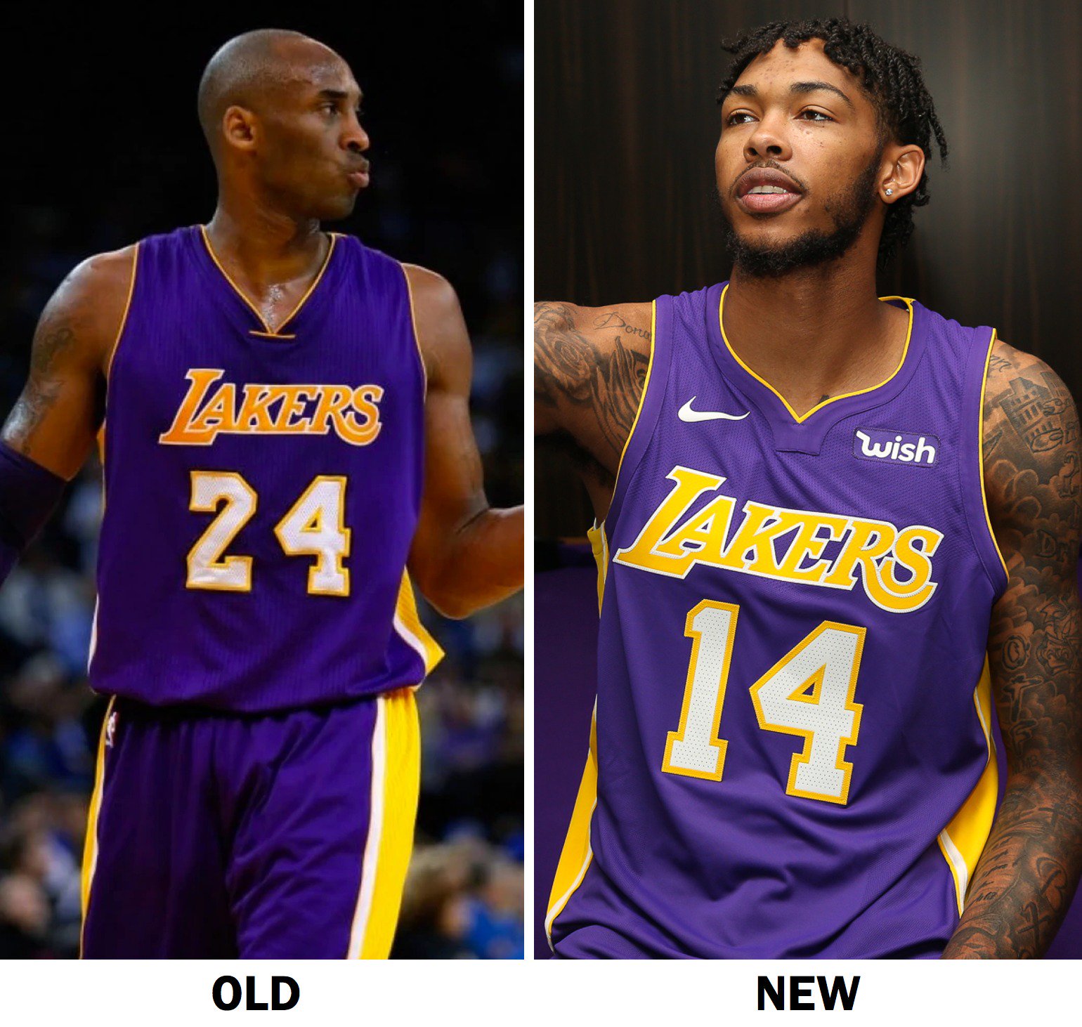 Paul Lukas on X: Comparison of Lakers' purple jerseys, showing ad patch  and new collar. (Old version was road primary, new one is alternate or  Statement.)  / X