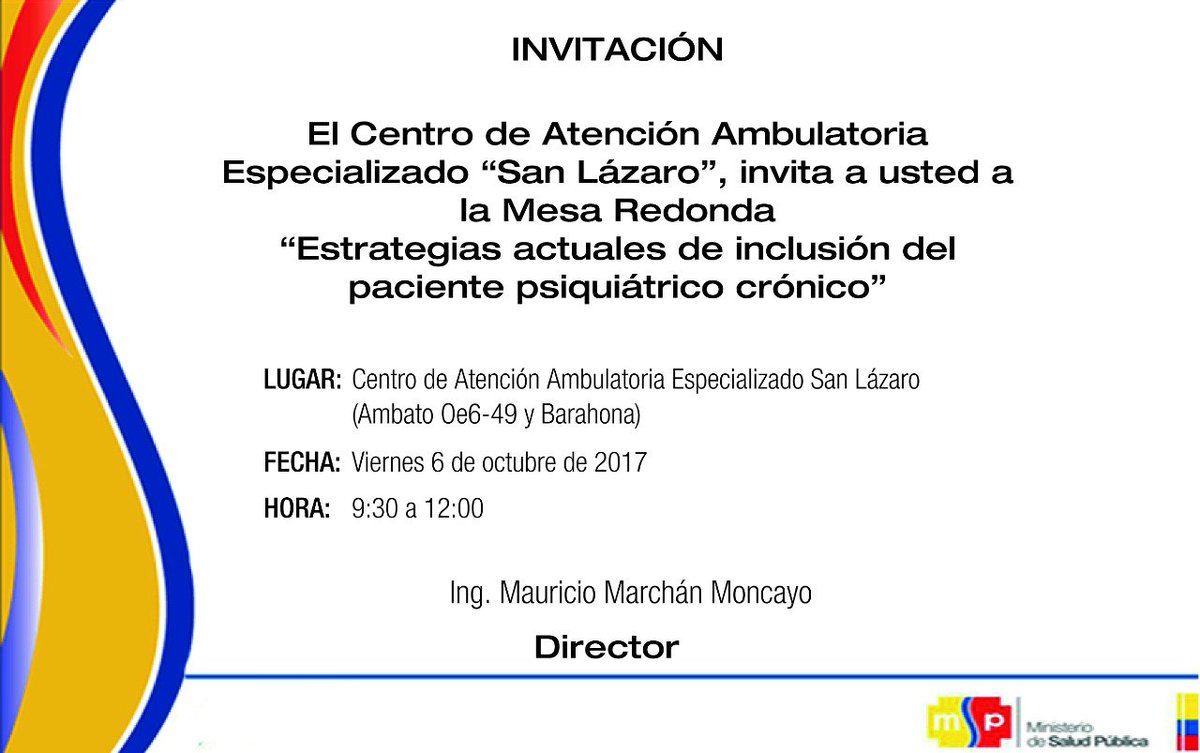 SaludPichincha's tweet photo. El CAAESanLazaro invita a la Mesa Redonda Estrategias actuales de inclusión del paciente psiquiátrico #SaludMental
¡Los esperamos!
@Salud_Ec https://t.co/eTjNpE3jw7