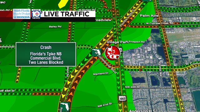 CRASH: Florida's Tpke NB & Commercial Blvd. Two lanes are blocked. #TRAFFIC https://t.co/NZkTgsSrcD
