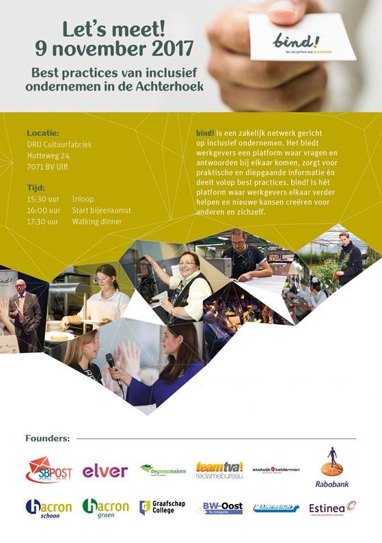 Op 9 november organiseert <a href="/bindAchterhoek/">bind! - platform inclusief ondernemen Achterhoek</a> de bijeenkomst 'Best practices van inclusief ondernemen in de Achterhoek': platform-bind.nl/action/news/it…