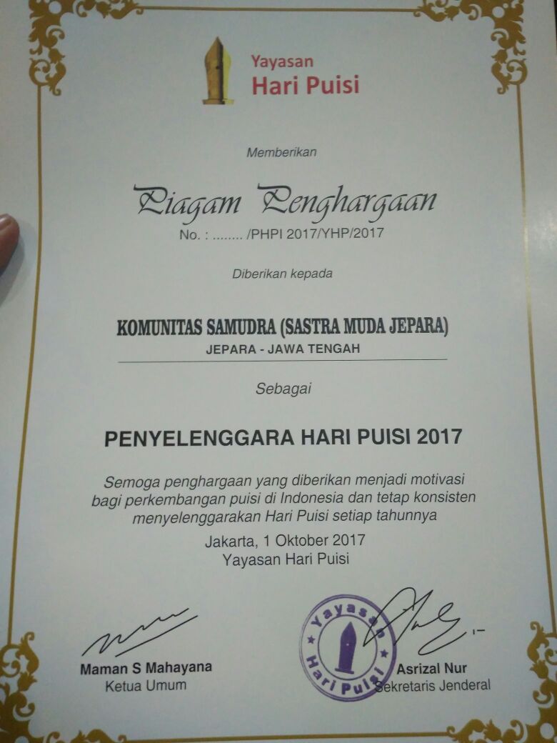 <a href="/PajakJateng1/">#PajakKitaUntukKita</a> <a href="/UungEka/">Eka Damayanti</a> <a href="/Stakof/">Rumail Abbas (ꦫꦸꦩꦻꦭ꧀ ꦄꦧ꧀ꦧꦱ꧀)</a> <a href="/PestaBaratan/">Lembayung Production</a> <a href="/PajakMania/">PajakMania</a> <a href="/dusone/">yy</a> <a href="/pandupajak/">#LiterasiFinancial</a> <a href="/VisitJepara/">#DiJeparaAja</a> <a href="/endaryono/">#DirumahAja</a> <a href="/JsbJepara/">cj 🤍܁ᅠᅠᅠᅠᅠᅠᅠᅠᅠᅠᅠᅠᅠᅠᅠᅠᅠᅠᅠᅠᅠᅠᅠᅠᅠᅠᅠᅠᅠᅠᅠᅠᅠᅠᅠᅠᅠᅠᅠᅠᅠᅠᅠᅠ</a> @prabusaktiid @hdiankristiandi <a href="/yovieyola/">Yovieta Lola</a> <a href="/rlisafm/">R-lisa FM Jepara</a> @jblogcom <a href="/Susierna/">Penutur Perempuan</a> <a href="/jeparakabgoid/">Pemkab Jepara</a> <a href="/JatengTwit/">Jateng Twit</a> <a href="/ILoveJepara/">I ♥ Jepara</a> <a href="/HMJA_UNISNU/">HMJA UNISNU JEPARA</a> <a href="/Jeparapedia/">Jeparapedia</a> <a href="/JeparaHariIni/">Jepara Hari Ini</a> <a href="/ganjarpranowo/">Ganjar Pranowo</a> <a href="/unisnujepara/">UNISNU JEPARA</a> <a href="/DitjenPajakRI/">#PajakKitaUntukKita</a> <a href="/KemenkeuRI/">#UangKita</a> <a href="/humasjateng/">Humas Jateng</a> <a href="/PIDPolresJepara/">HUMAS POLRES JEPARA</a> <a href="/marzuqijepara/">Ahmad Marzuqi</a> <a href="/kushartoto011/">t0t0k</a> <a href="/Rumah_Belalang/">RumahBelajar Ilalang</a> <a href="/noegeese/">#西安洗浴 #西安桑拿 #西安上门 #西安海选 #西安会所 #西安高端 #西安资源 #西安水磨</a> <a href="/kring_pajak/">#PajakKitaUntukKita</a> <a href="/ISuwandio/">Irawan Suwandio</a> <a href="/aniwinn/">Ana</a> <a href="/BPPD_JATENG/">BAPENDA JATENG #MasSajak</a> <a href="/dinsosjateng/">Dinas Sosial Provinsi Jawa Tengah</a> @disporaparjtg @Kemenpar_RI @KemenBUMN <a href="/puisikekasih/">Puisi untuk Kekasih</a> <a href="/sudjiwotedjo/">Jack Separo Gendeng</a> <a href="/SastraUniv/">SASTRA Deemed University</a> <a href="/JakArtsCouncil/">Dewan Kesenian JKT</a> @agungpakde <a href="/Anadian2066/">Dian Ana</a> <a href="/alizakaaria/">zaka</a> <a href="/Humas_Unisnu/">Bag. Humas UNISNU Jepara</a> Selamat kepada #Samudra; #SastraMuda #Jepara atas penghargaan dari Yayasan @HariPuisi setelah berhasil menyelenggarakan #HPI2017.