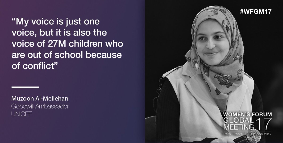 “My voice is just one voice, but it is also the voice of 27M children who are out of school because of conflict” <a href="/muzoonrakan1/">Muzoon  Al-Mellehan</a> #womenwhodare
