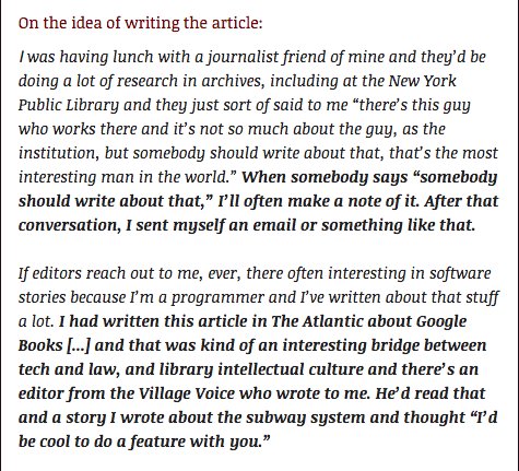<a href="/jsomers/">James Somers</a> <a href="/villagevoice/">The Village Voice</a> 4/ where he got the idea to write the article