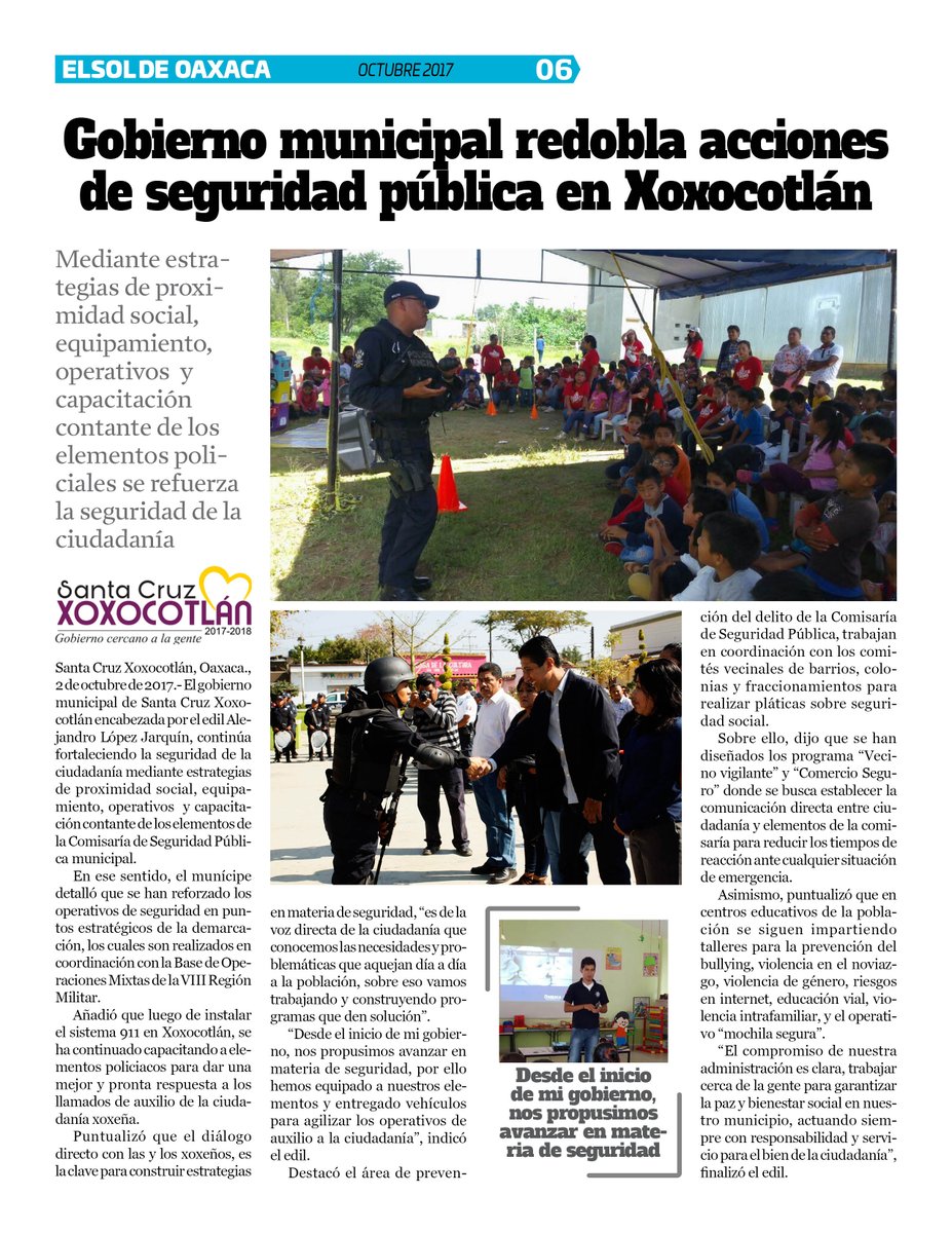 VicManOaxaca's tweet photo. #ElSoldeOaxaca #Num264 #Octubre #Pag6 "Gobierno Municipal redobla acciones de seguridad en Xoxocotlan" @AlejandroL_J https://t.co/v9F76QOZ7p