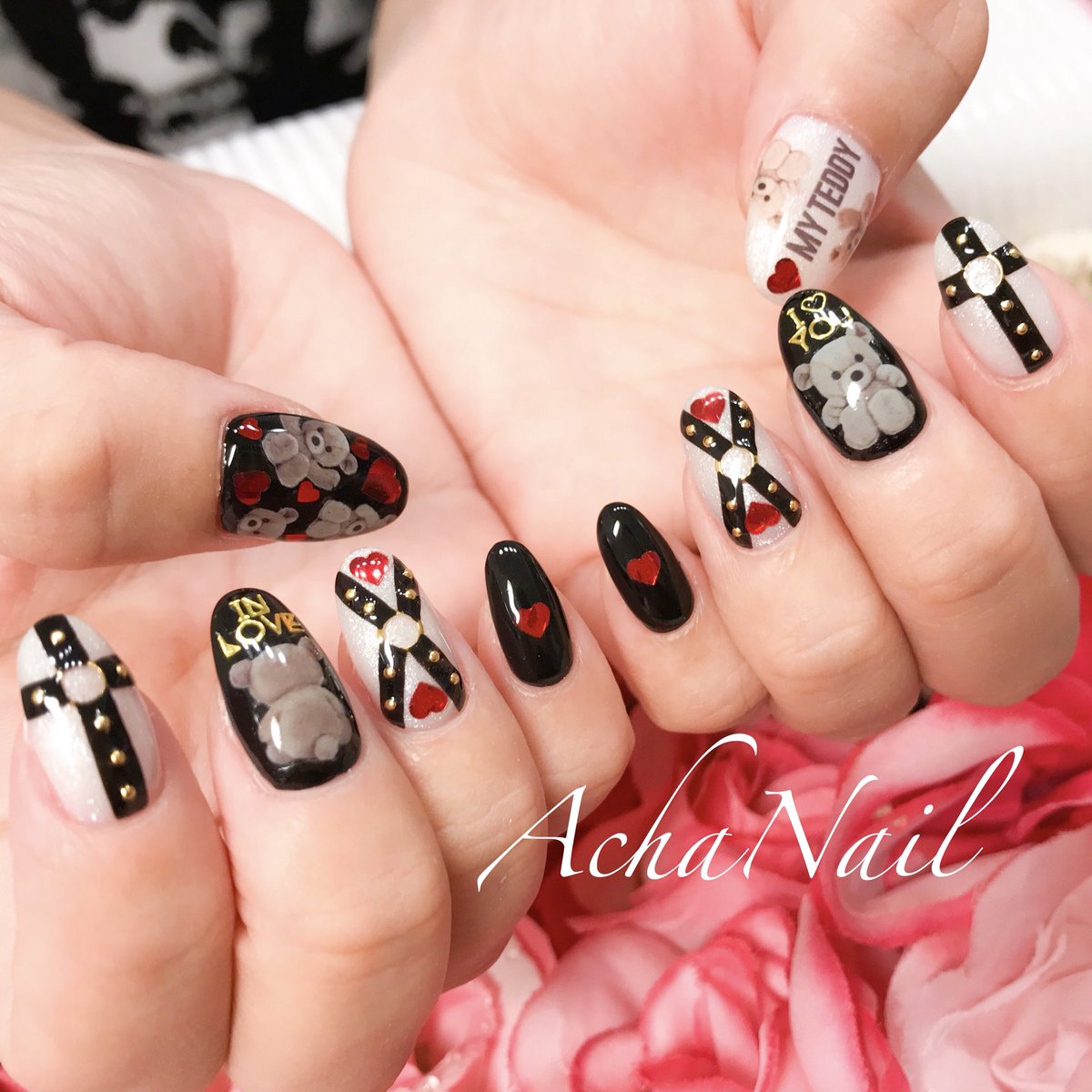 ネイリストasami Achanail ハーネスネイル T Co Rmuxgadum4 くまちゃんネイル テディベア ガーリーネイル ハーネス ハートネイル ハーネスネイル モノクロネイル ガールズライク ネイル ジェルネイル フィルイン 南池袋 池袋 くま