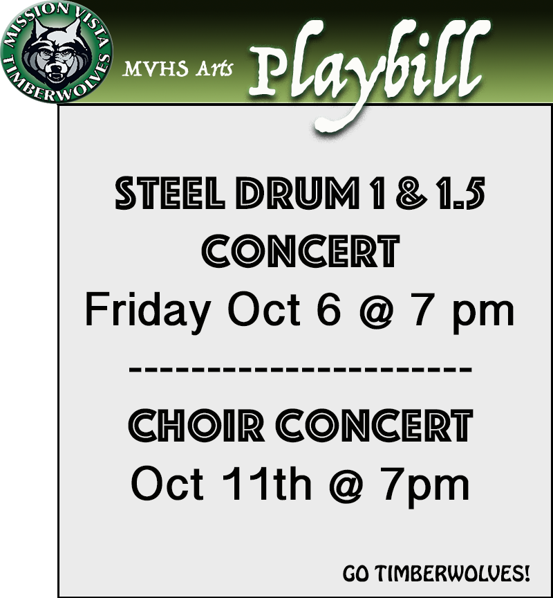 #MVHSarts Update🎼 📣Great events coming up at MVHS! Steel Drum, Choir and don' forget... Fall Fest on Fri the 13th!🎃 #MVHSROCKS @EngageVista