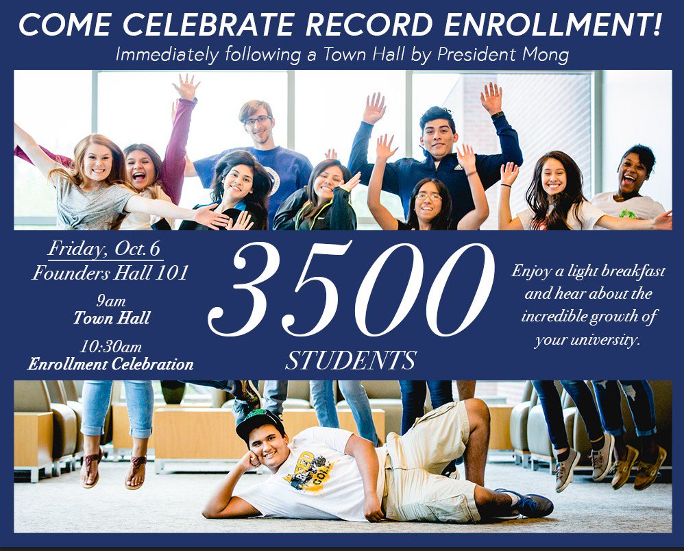 Celebrate UNTD's record enrollment tomorrow! Town Hall mtg at 9am in FH 101, followed by the celebration in the Courtyard at 10:30!