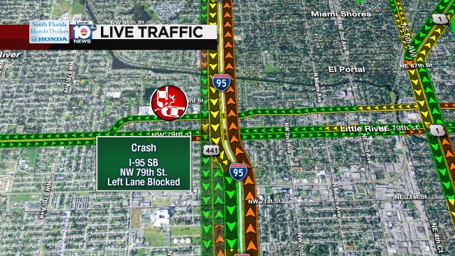 CRASH: I-95 SB & NW 79th St. A left lane is blocked causing heavy delays. #TRAFFIC #MIAMI https://t.co/ytFnp6p213