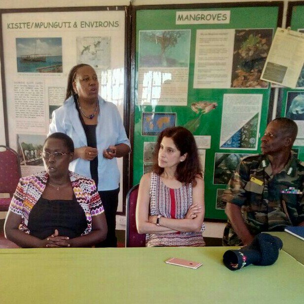 CEC Agriculture-Kwale County Ms Joanne Nyamasyo, #KCDP PM Dr J. Uku, Banu Setlur-#WB, &amp; KWS Mohamed Kheri at KWS Information centre, Shimoni