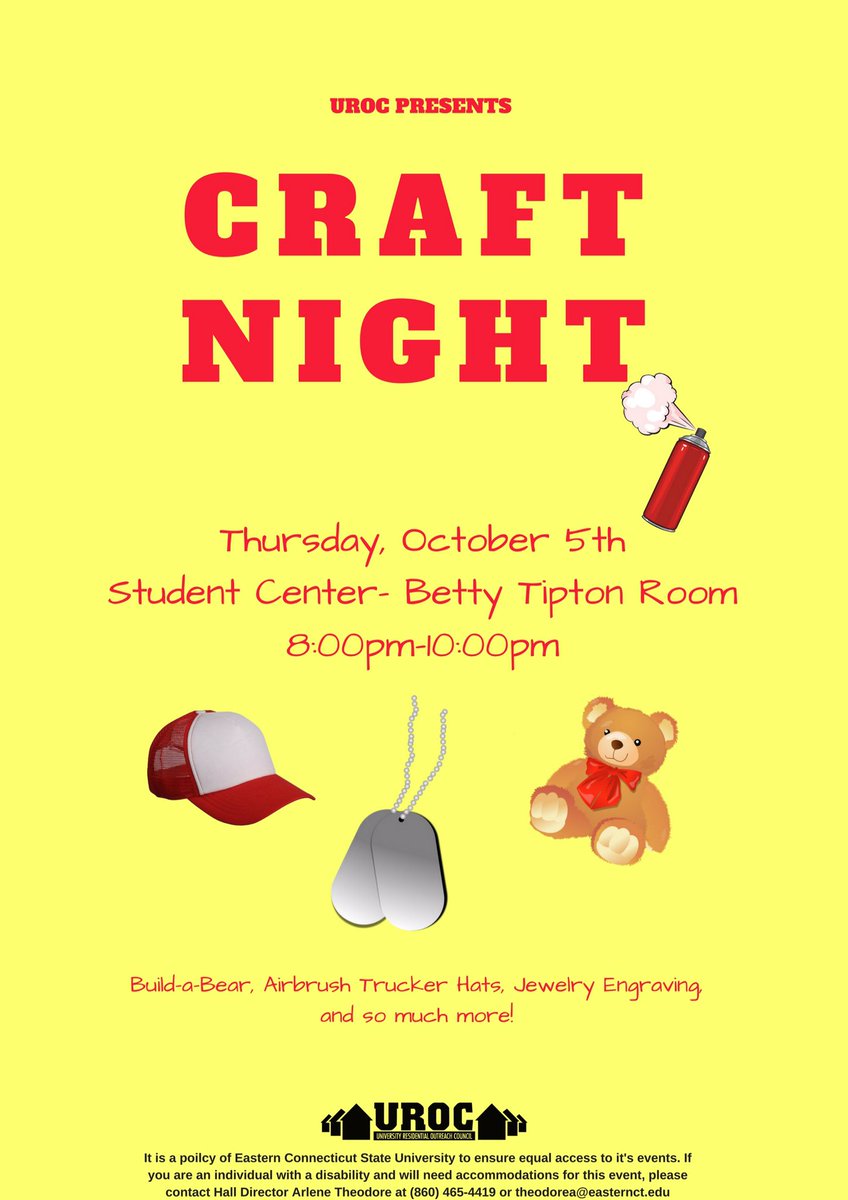 UROCeastern's tweet image. Come to the BTR tonigh from 8-10pm for Craft Night! Build-a-bear, airbrush hats, custom jewelry, and more! First come first serve.