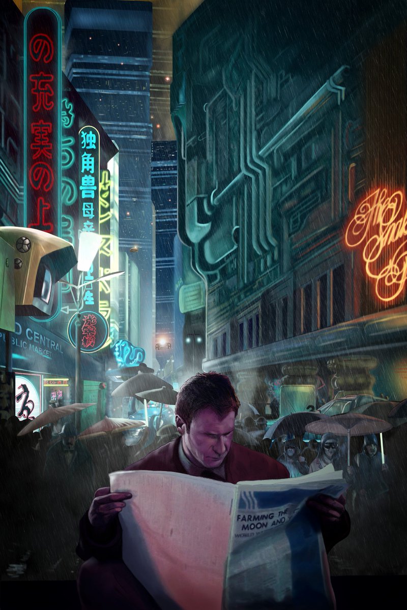 DaveOFlanagan's tweet image. #BladeRunner2049 is out today. Here are my 'Downtown Deckard' and 'More human than human?' paintings back to back.