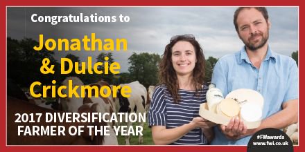 The 2017 Diversification Farmer of the Year Award goes to Suffolk dairy farmers Jonathan and Dulcie Crickmore <a href="/FenFarmDairy/">Fen Farm Dairy</a> #FWAwards 🎉🏆👏🏻