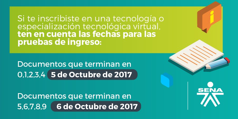 SENAComunica's tweet photo. Si te inscribiste a un programa #SENAVirtual, estas son las fechas para presentar las pruebas de ingreso, según tu documento de identidad.⬇️ https://t.co/KMNviMk6Ov