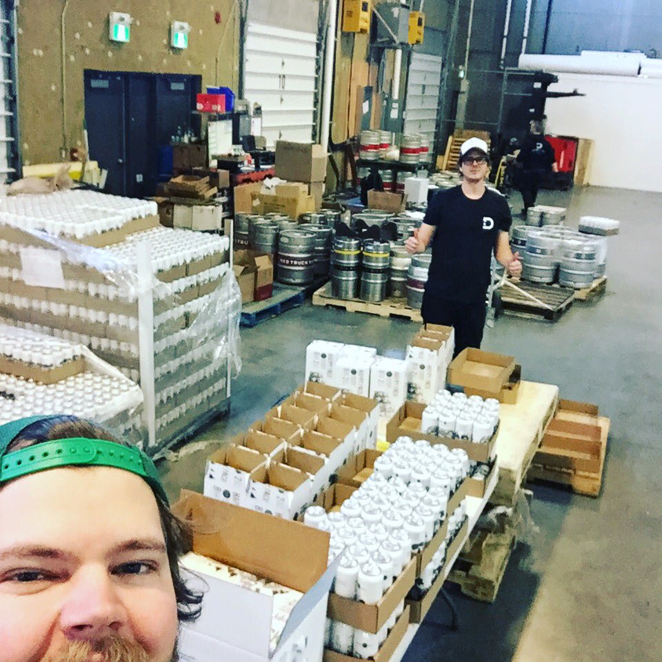 DoansCBC's tweet photo. And it begins.... packing 22 skids of Happy Pack today!! Wish us luck :) #BCBeer #Doans #Doanbros #directtap #beerfun #happy #evanselfie https://t.co/qAiCeITUlL