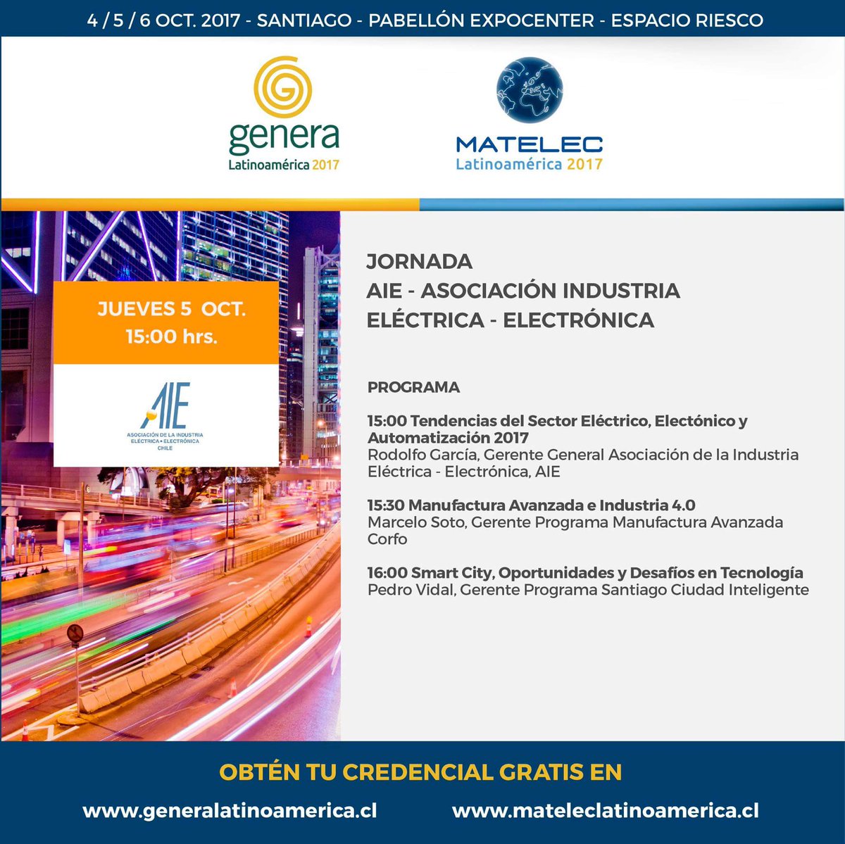 MatelecGeneraLT's tweet photo. Hoy 15:00 hrs. Jornada AIE, podrás conocer de cerca las tendencias del sector. #Matelec #Genera. https://t.co/edPeeq2CYN