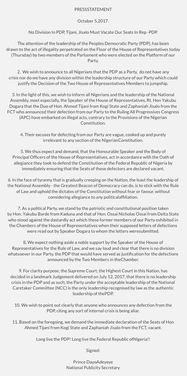 PDP has asked the Speaker of the House of Representatives, Yakubu Dogara to vacate the seats of the two members that dumped the party on Thursday.