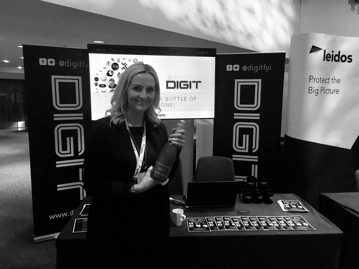 digitfyi's tweet photo. Well done @KimiWats for scooping the last bottle of bubbly for her creative tweet at #ScotSoft2017 #shedrankitthereandthen #downinone https://t.co/kHCL81GI0T