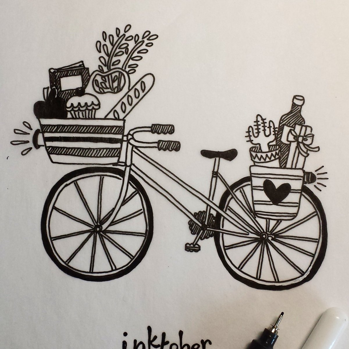 hyedie's tweet photo. People on bikes are shoppers too. With #bloorbikelanes I am more comfortable going to Bloor for groceries! I'm also doing #Inktober #drawing https://t.co/VClXatl27c