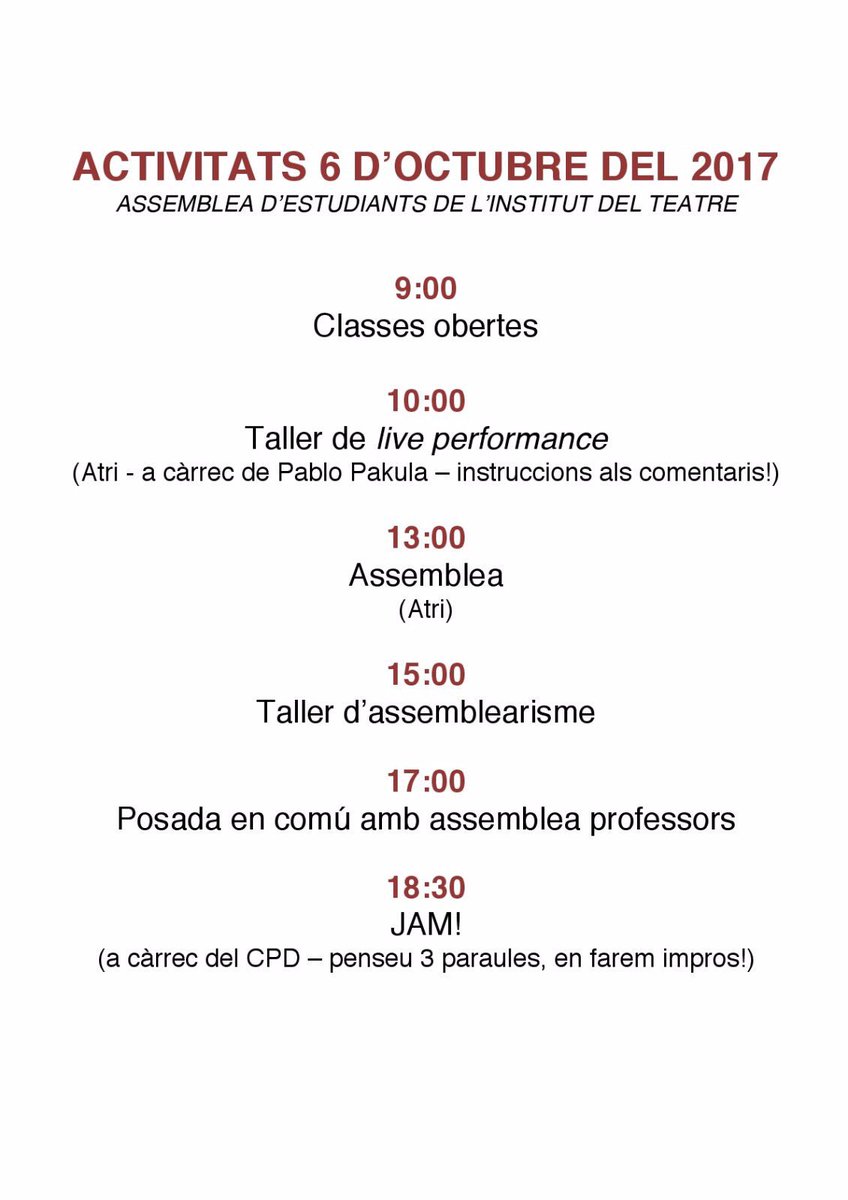 assemblea_IT's tweet photo. ACTIVITATS de DEMÀ 6 d'octubre!!!! Entre d'altres un taller de Live performance a càrrec de Pablo Pakula https://t.co/F3z5EroueM