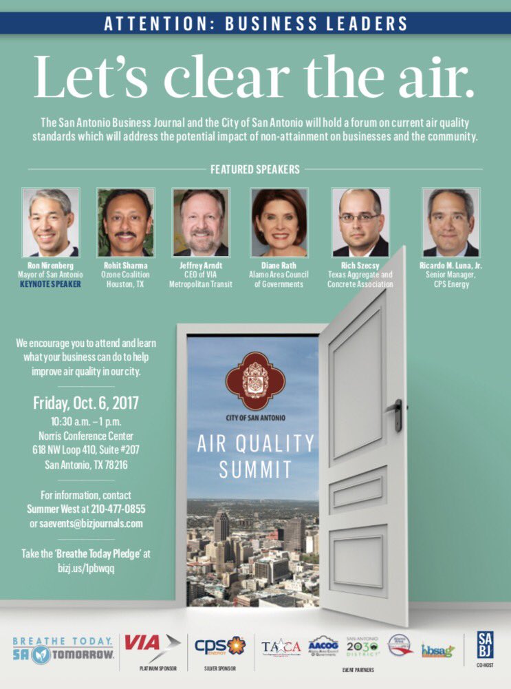 VIA_Transit's tweet photo. Join VIA in support of @SABizJournal &amp; @COSAsustainable Air Quality Summit Fri. 10/6 &amp; take the #CleanAir pledge @ https://t.co/bqN75RKzme. https://t.co/DeiywTByDd