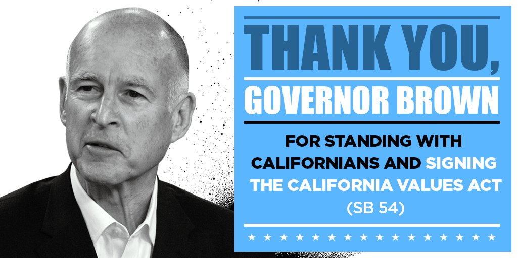 sdicACLU's tweet image. BREAKING: @JerryBrownGov signs #SB54 (CA Values Act) into law! Thank you for standing with Californians. aclusandiego.org/aclu-applauds-…