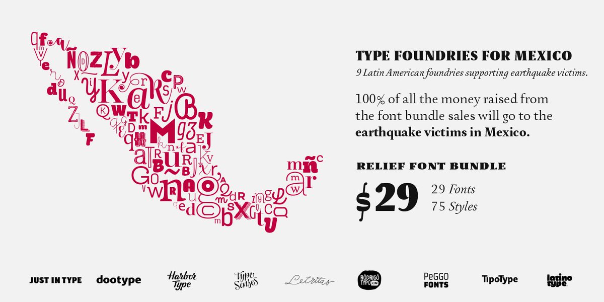 Latinotype's tweet photo. Let's help Mexico together! We're raising money for the victims of the earthquake with this special bundle.
https://t.co/d7h7HHXNRZ https://t.co/LXey8W65jP