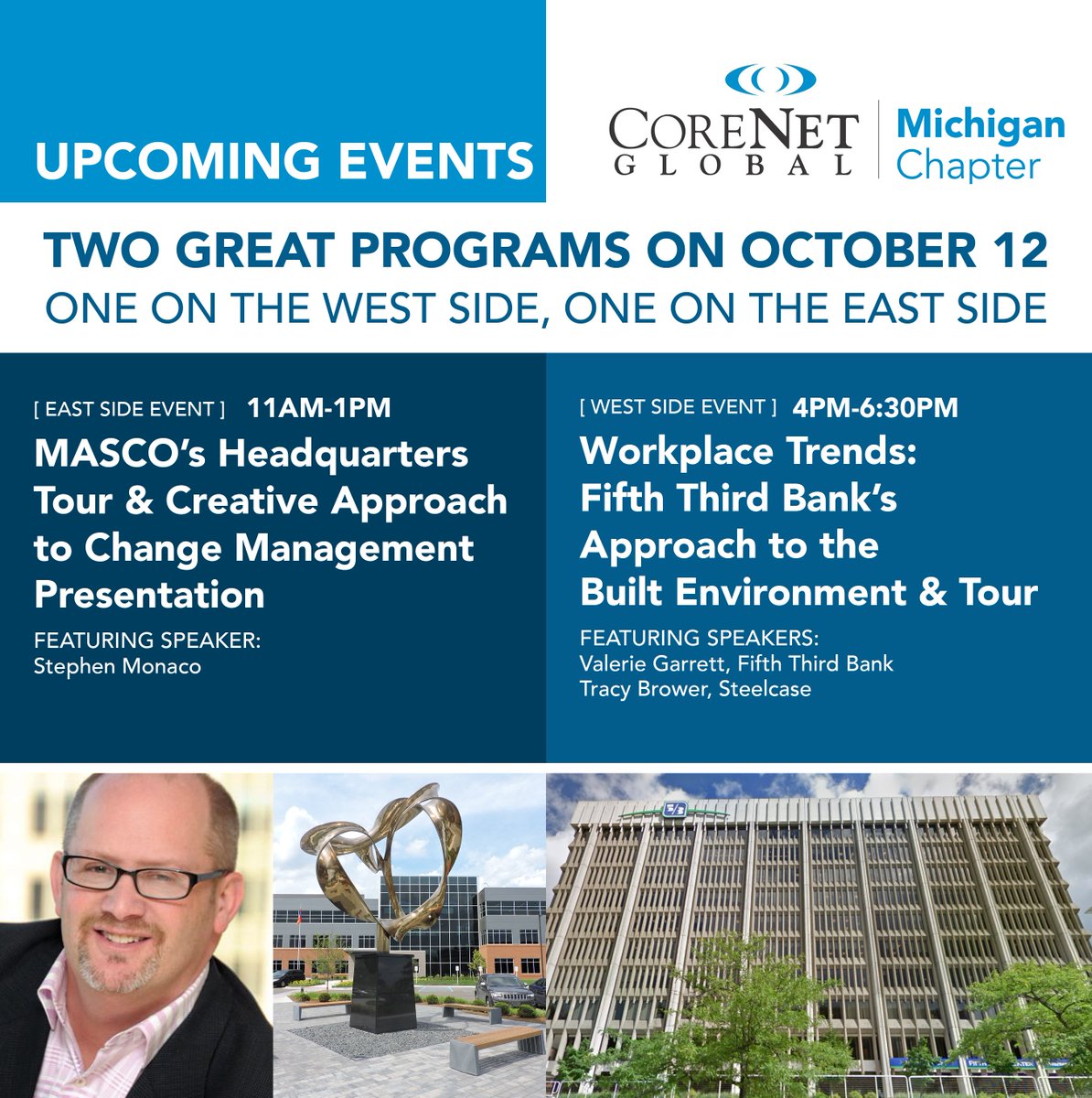 CoreNetMI's tweet image. One day. Two cities. Two great events. Join us for either (or both). Find out more and register on our website: bit.ly/2z1e1V3