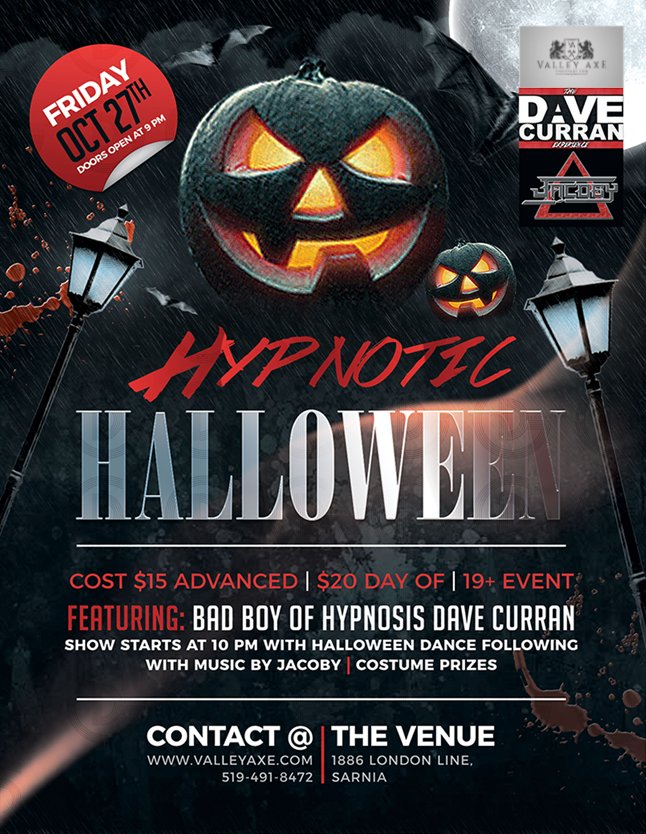 ValleyAxeThrow's tweet photo. JUST ANNOUNCED: Hypnotic Halloween Presented by Valley Axe featuring Dave Curran with music by DJ Jacoby. 

Tickets: https://t.co/MOikPV9fZ5 https://t.co/ylc3jvqkGm