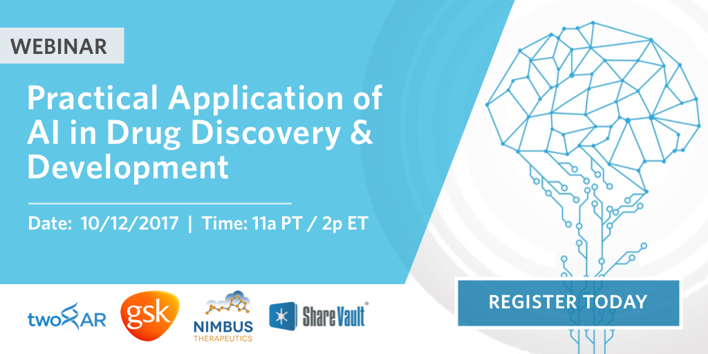 sharevault's tweet photo. Learn applications of #AI in drug discovery &amp; development - join #twoXAR, #GSK &amp; #Nimbus for a web panel discussion: https://t.co/cnivK09TJN https://t.co/IdCshR0nm0
