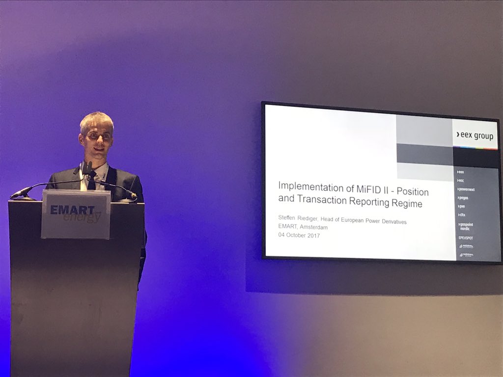s_riediger's tweet photo. Just returned from #EMART2017. Was a pleasure to present innovative #MIFID2 position and transaction reporting solutions of @eexgroup https://t.co/XZy8bS0Ct4