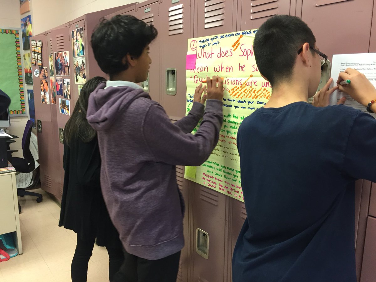 MrsMonock's tweet image. Ss utilizing a gallery walk to engage in discussion on our Decisions That Matter Unit @MS137Heroes #studentengagement #msela #elaclass