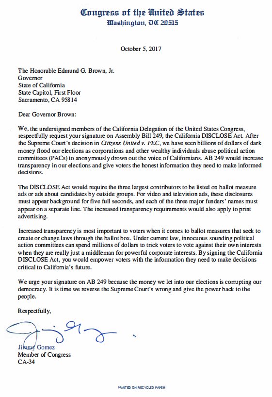 RepJimmyGomez's tweet photo. We sent a letter to Gov. @jerrybrowngov urging him to sign the #CADISCLOSEAct. Voters deserve to know who's financing shadowy campaign ads! https://t.co/1kDhMpmKd1