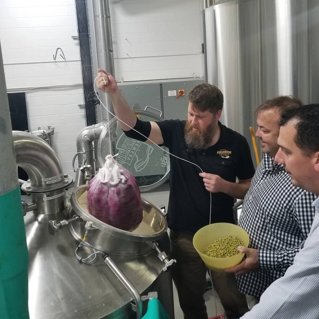 WellingtonBrew's tweet photo. Marvin droppin' them beets in a pilot brew today with Evan and Jeff from Pearle Hospitality. Try this Beet Saison at Fall Frolic, Oct 20th! https://t.co/gtPr4cEx0y