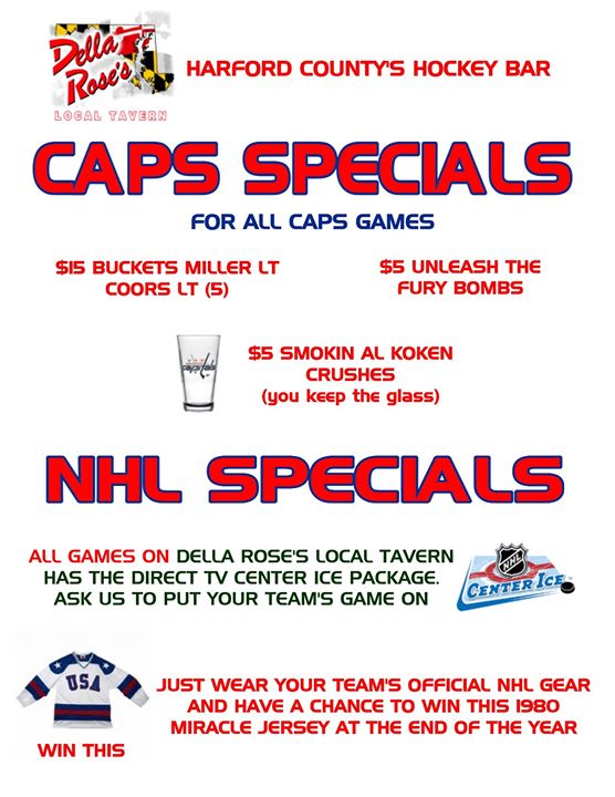 DellaRosesLocal's tweet photo. Caps tonight! We have the NHL Center Ice Package! All team's fans are welcome! #CAPS #NHLCenterIce #Hockey #BelAir #DellaRosesLocalTavern https://t.co/K7bNy4XEvN