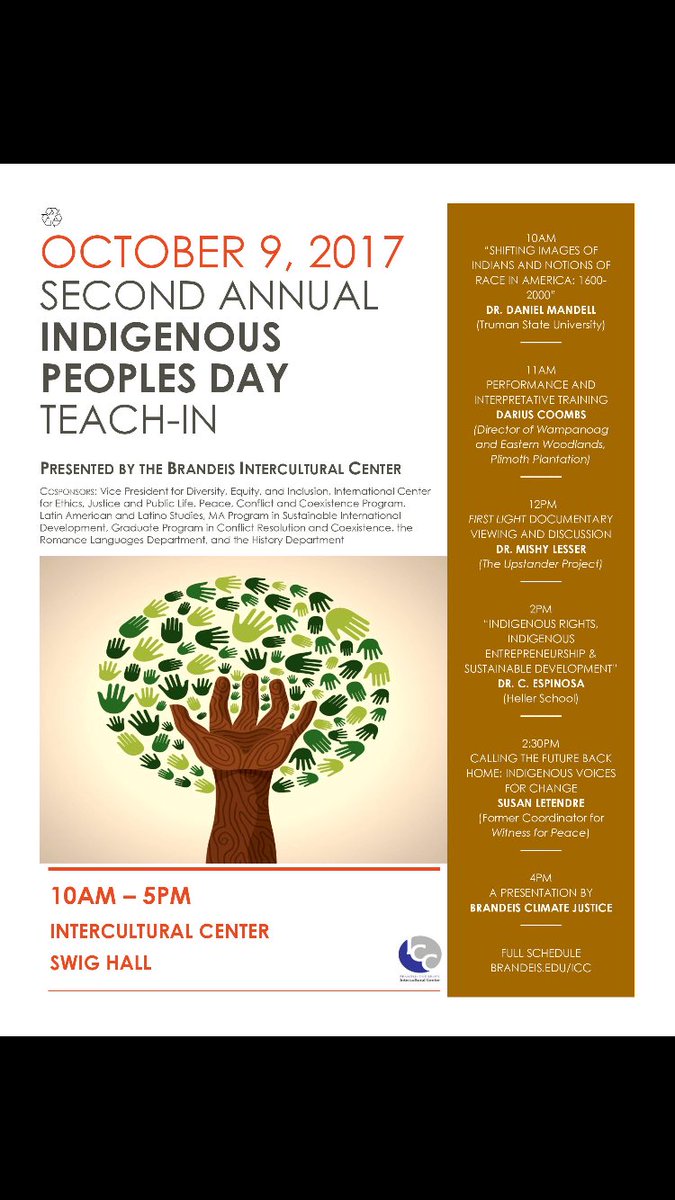 BrandeisICC's tweet photo. The full schedule for Indigenous Peoples Day is here! Please join us this upcoming Monday as we dive into the history behind this day. https://t.co/pODz0lKFe6